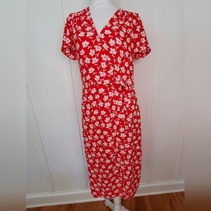 J Crew Factory Red & White Floral Wrap Midi Dress Size 0